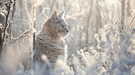 Icy cat surrounded by frosty crystals, shimmering hoarfrost in cold airの素材
