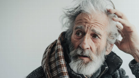 Portrait of a senior man with gray hair smiling on white backgroundの素材