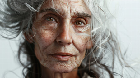 Serene portrait of an older woman with white-gray hair on white backgroundの素材