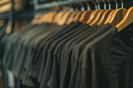 Plain black T-shirt with round neck and short sleeves hanging for customization.の素材