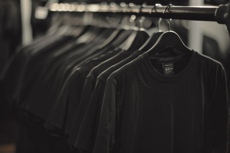 Black T-shirt with round neck and short sleeves hanging on a hanger for design.の素材