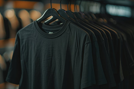 Plain black T-shirt with round neck and short sleeves hanging for customization.の素材