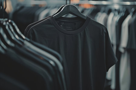 Plain black T-shirt with round neck and short sleeves hanging for customization.の素材