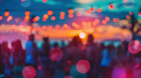 Blurred abstract summer sunset party scene with pink and blue pastel huesの素材