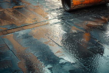 Urban scene roller compactor leveling fresh asphalt with reflections on wet surface in city streetの素材