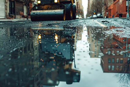 Urban scene roller compactor finishing new asphalt with reflections on wet surface in city streetの素材