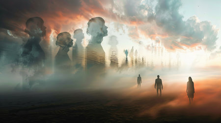 Surreal landscape of silhouettes exploring the concept of depersonalization in artの素材