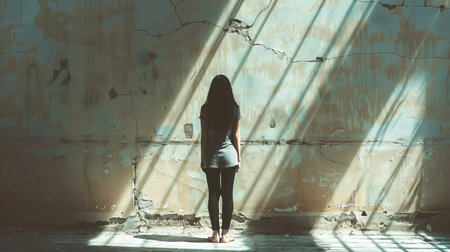 A woman s solitude in a room of shadows exploring the depths of complex ptsd and inner strugglesの素材