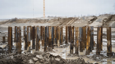 Piles are used to transfer loads from a structure to the stable ground below in construction sitesの素材