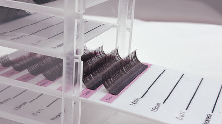Eyelash extension palette with various lashes and tools in white and pink tones