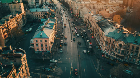 Kiev from above featuring green parks, wide avenues, and riverbanksの素材