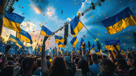 A peaceful music event symbolizing Ukrainian spirit and resilienceの素材