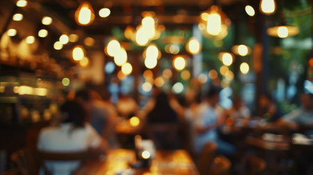 Warm blurred background of a cozy Italian restaurant with soft lighting.の素材