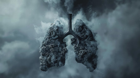 High levels of air pollution affecting a city's skyline with smoke in the airの素材