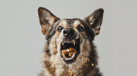 Dog enjoying its favorite treat from a bowl on a bright white backgroundの素材