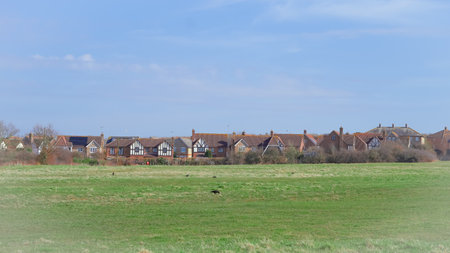 Beautiful English countryside cottages surrounded by lush green grass, peaceful atmosphereの写真素材