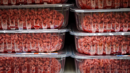 Fresh minced meat packed in plastic trays on a supermarket shelf