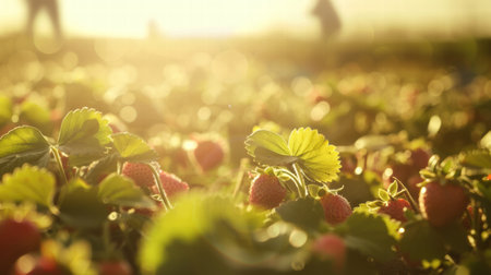 People enjoying strawberry picking as a fun farm activityの素材