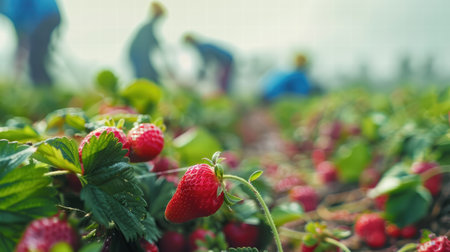 Farm workers picking ripe strawberries during harvest seasonの素材