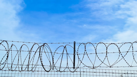 Barbed wire against the blue sky symbolizes restrictions and social barriers. High quality photoの写真素材