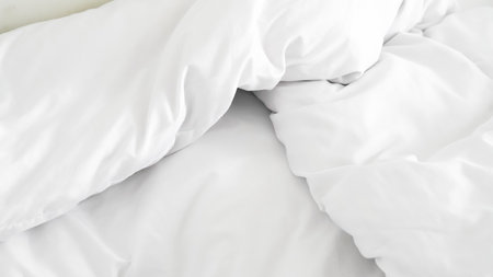 White duvet and pillow on cozy bed showing hotel calm and spa ambiance.の写真素材