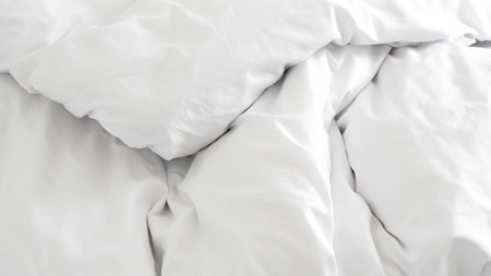 White duvet and pillow on cozy bed showing hotel calm and spa ambiance.の写真素材