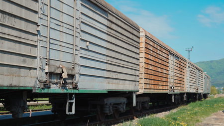 Vintage cargo train close up with rusty textures and industrial background