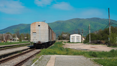 Vintage freight train stands on platform in front of scenic mountainsの写真素材