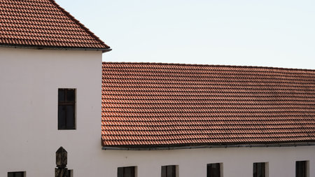 Old castle with tile roofs and historical architecture in scenic settingの写真素材