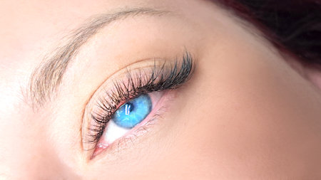 close up of eyelash extensions in beauty salon macro eye.の写真素材
