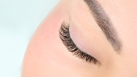 Close up of eye with eyelash extensions,beauty salon treatment,2d volume, 3d volume, classical lashes,Russian volume,megavolume, new set.の写真素材