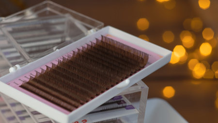 close up of equipment for eyelash extensions in beauty salon,tools ,tweezers,patches,false lashes