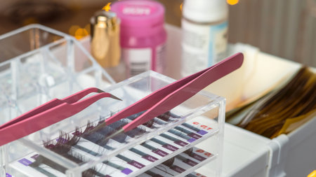 close up of equipment for eyelash extensions in beauty salon,tools ,tweezers,patches,false lashes