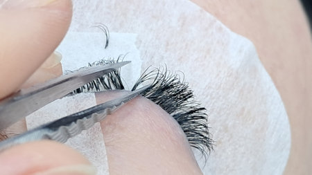 Close up of female eye with eyelash extensions,eyelash extension Procedure.,2d volume, 3d volume, classical lashes,Russian volume,mega volume, new set..の写真素材
