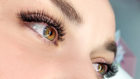 Close up of female eye with eyelash extensions,eyelash extension Procedure.,2d volume, 3d volume, classical lashes,Russian volume,mega volume, new set..の写真素材