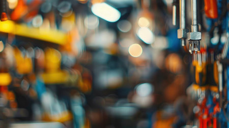 Abstract blurry aisle inside hardware supply and construction store.の素材