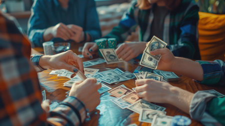 Group of people playing financial board game in cozy indoor setting.の素材