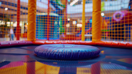 Colorful trampoline background with kids jumping in shopping center.の素材