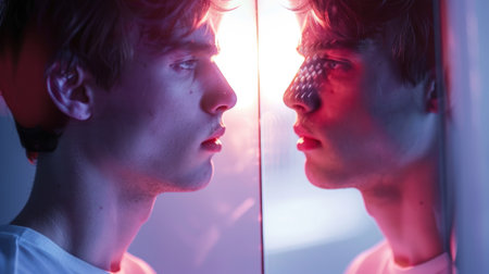 Concept of emotional exhaustion behind a productive and smiling exterior.の素材