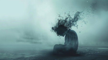 General portrayal of people hiding pain behind high functioning behaviorの素材