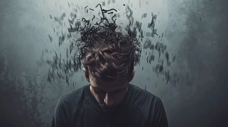 Conceptual image showing hidden struggle behind daily functioning and smiles.の素材