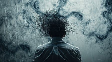 Conceptual image showing hidden struggle behind daily functioning and smiles.の素材