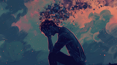 General portrayal of people hiding pain behind high functioning behaviorの素材