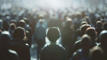 Lonely person in a crowd symbolizing emotional social isolation.の素材
