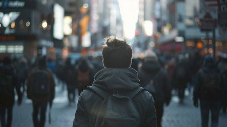 Abstract image of a person emotionally isolated in a busy crowd.の素材