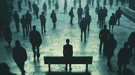 Feeling emotionally isolated in public surrounded by a faceless crowd.の素材