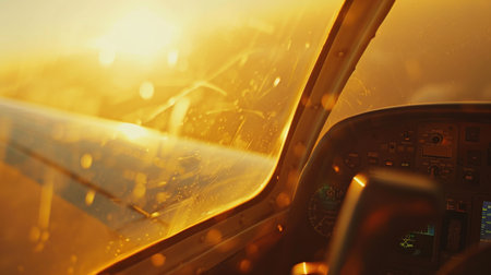 Blurred cockpit view with aviation instruments and control panel.の素材