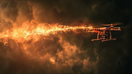 Aerial drone monitoring explosion site during war time conflict.の素材