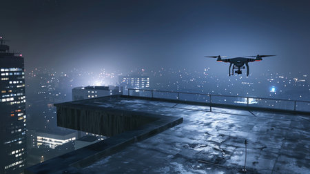 Drone flying above smart city with monitoring and scanning sensors.の素材