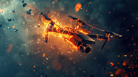 Drone flying above smart city with monitoring and scanning sensors.の素材